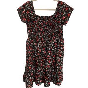 Primark Womens 14 Black Ditsy Floral Smocked Tier Dress Cottage Milkmaid Prairie